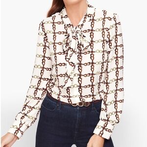 Talbots Crepe Tie Neck Blouse Size Large Ivory Brown Chainlink Print Classic